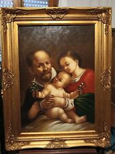 DIPINTO OLIO SU TELA "LA SACRA FAMIGLIA"CORNICE IN LEGNO FOGLIA ORO H CM 91x71