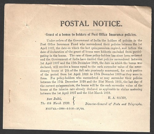 India 1929 avviso - 1929, postale