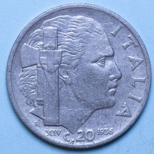 VITTORIO EMANUELE III 20 CENTESIMI 1936 A. XIV IMPERO MOLTO RARA MB NICHEL COIN