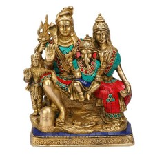 Statuina statua ottone Shiv Parivar Shiva Parvati Ganesha idolo con opera in pietra