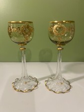 2 ANTICHI GARRETTI DA VINO BOHEMIEN MOSER ART NOUVEAU CRISTALLO SOFFIATO STELO SVASATO