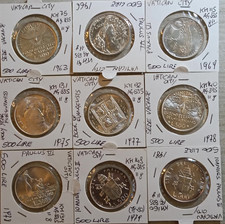 CITTA' DEL VATICANO - LOTTO 9 MONETE DA LIRE 500 AG.0,835 - LEGGI DESCRIZIONE