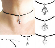 Collana NERA + CIONDOLO Argento con Mano di fatima Albero della vita Uomo Donna