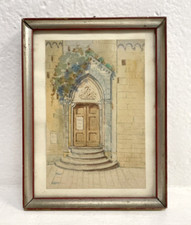 PICCOLO DISEGNO ACQUERELLO PORTONE CHIESA STUDIO DETTAGLIO ARCHITETTONICO '900