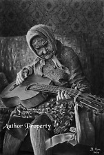 OLD WOMAN PLAYING GUITAR disegno originale a matita 9,5" x 13" Giovanni CIMA