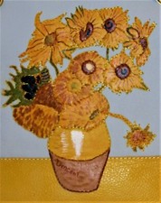 Quadro Girasoli Van GOGH Copia d'Autore VERA PELLE Cucito e dipinto 30 x 40 cm
