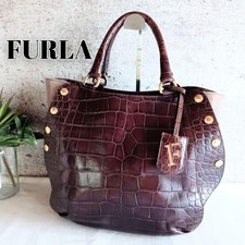 FURLA borsa vintage a mano tote bag tracolla pelle coccodrillo goffrata marrone con ciondolo