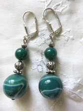 Orecchini pendenti stile etnico agata striata verde avventurina argento tibetano