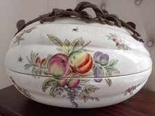 Ciotola sfarzosa porcellana castigliano craquele coperchio bronzo bianco frutta naturale 
