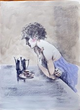 Alberto Sughi litografia colorata a mano "al Bancone del Bar" 80x60 firmata 1982