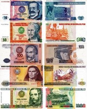 PERU' - Lotto 5 banconote 10/50/100/500/1000 Intis 1987/1988 FDS - UNC