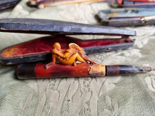 Antico bocchino in legno o schiuma di mare e ambra - custodia, primo '900 Leda