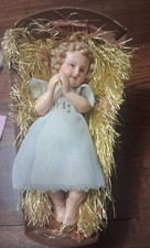 Antico Gesù Bambino in cera  lavorato a mano Cm. 23 Con Mangiatoia In Legno