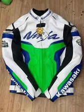 Giacca da corsa in pelle di vacchetta verde fluorescente per moto Kawasaki Ni...