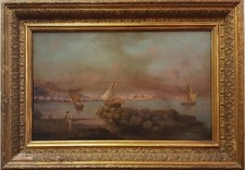 Veduta di Napoli col Vesuvio - XX secolo - Dipinto su tavola e cornice antiche.