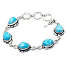 Bracciale etnico fatto a mano in argento 925 con pietre preziose Larimar 7-8"