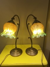 Rara Vintage coppia Lampade stile Liberty da tavolo in ottone,vetro giallo/verde