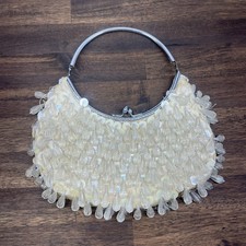 Pochette pochette vintage bianca con perline paillettes chiusura da polso manico in metallo