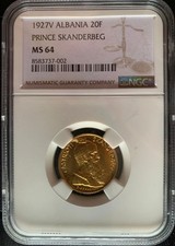 20 Franga Ari 1927 V - NGC MS 64 KM# 12 Albania Skanderbeg Gold Coin /Moneta Oro