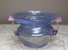 Vintage Murano Seguso Scavo Iridescent Tri Three Handled Art Glass Vase Bowl
