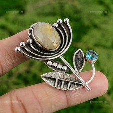 Natural Golden Rutile Swiss Blue Topaz Wedding Lotus Pendant 925 Sterling Silver