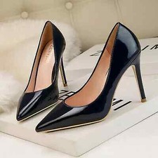 Scarpe decolte eleganti stiletto 10 cm nero lucido comodi pelle sintetica 1553