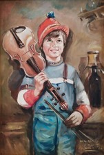 Ritratto di ragazzo con violino il giovane musicista dipinto olio originale firmato