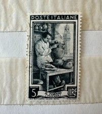 Francobollo raro Italia "Il Tornio" doppia filigrana Ruota Alata 5 Lire