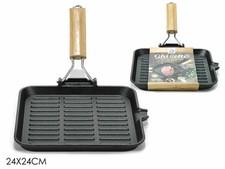 BISTECCHIERA IN GHISA CON MANICO IN LEGNO 24 X 24 CM - ANCHE INDUZIONE