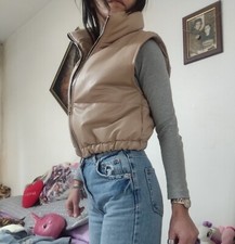 Gilet Giacca Smanicato Donna  Bomber Giubbotto Corto Ecopelle Beige S Nuovo