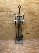 Utensili da camino vintage metà secolo manico lungo CLASSICI ottone massiccio 5pz ANCORAGGIO