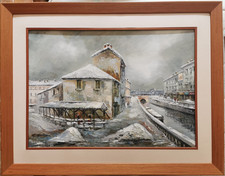Quadro Grande E. MANTEGANI Olio su Tela Autentico "Vicolo Lavandai" Cornice
