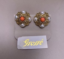 Orecchìni Grossé (Dior) Perle E Pietra Incastonate Color Oro, Clip Vintage Nuovi