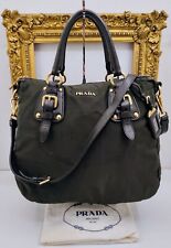 PRADA SHOPPER TOTE BAG LOGO JACQUARD Tessuto Verdone / Nero e Pelle Nera