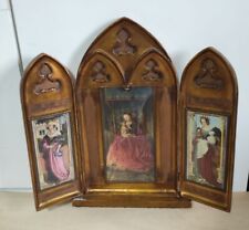 ARTE SACRA ICONA ANTICO TRITTICO RELIGIOSO LEGNO RAFFIGURANTE LA MADONNA E SANTI
