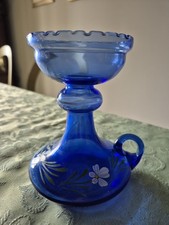 Porta Candela Stile Bugia Con Manico In Vetro Blu Decorato Stile Vintage 