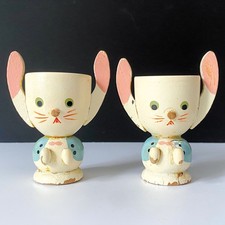 Antico Coppia PORTA UOVA alla COQUE a CONIGLIO in LEGNO - Anni 60 Vintage