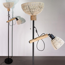 Lampada Da Terra Vintage in Legno E Rattan, Piantana Con Doppia Illuminazione(Se