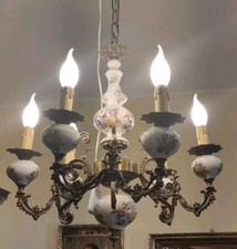 Lampadario In Ceramica Porcellanata Decorata E Ottone A 6 Luci