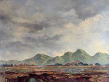 QUADRO OLIO PAESAGGIO DAVANTI ALLE MONTAGNE FIRMATO BÜHLMEYER