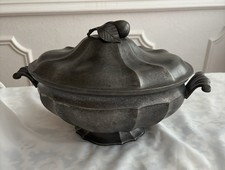 Antique Pewter Tureen w/ Lid And Handles Pear Finial Made In Italy