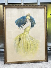 STAMPA A COLORI ART NOVEAU GASPAR CAMPS DONNA CON  VENTAGLIO LIBERTY OLD PRINT