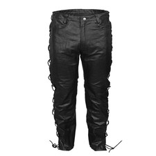 Uomo Originale Nero Pelle Pantaloni Puro di Pecora Biker Lacci Stile Jeans