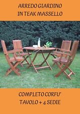 Set da giardino in legno teak - tavolo rotondo + 4 sedie poltroncine pieghevoli