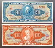 Brasile 200 Cruzeiros 1964 P. 171b 1000 Cruzeiros 1963 P. 181 - Bellissimo UNC