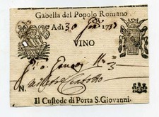 1733 RICEVUTA GABELLA DEL POPOLO ROMANO TASSA SUL VINO PORTA S. GIOVANNI ROMA
