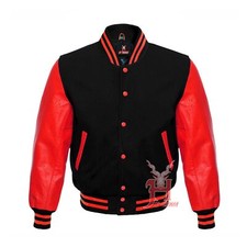 Varsity Giacche Uomo Letterman Baseball Nero Lana Vera Pelle Rossa Maniche
