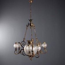 Lampadario Antico Bronzo Dorato Vetro 7 Luci Italia XIX Secolo Originale