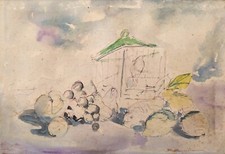 Raffaele Barscigliè Natura Morta con Frutta Limoni Uccellino Dipinto Acquerello 