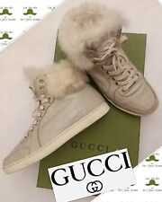 GUCCI CODA SNEAKERS SCARPE GINNASTICA HI PELLE GUCCISSIMA COLOR BEIGE PELLICCIA 
